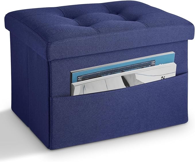 LINMAGCO Storage Ottoman Folding Foot Stool Foot Rest with Side Pocket Modern Ottoman with Storage Short Sofa Stool Linen Cloth 17x13x13(Navy)