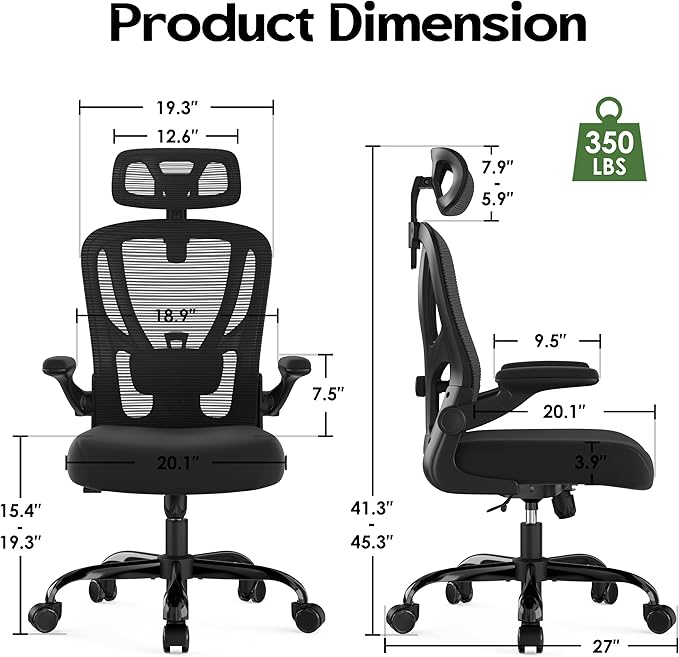 Office Chair Ergonomic Desk Chair - Mesh High Back Office Chair with Headrests Wheels Lumbar Support Home Desk Office Chairs Flip up Armrest Executive Rolling Computer Chair Black 4 Pack