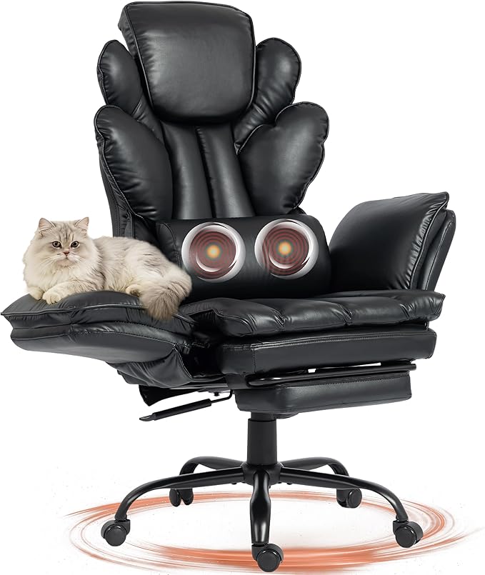 Big and Tall Office Chair, Flip Armrests Criss Cross Office Chair, Reclining Desk Chair with Foot Rest, Adjustable Headrest, Massage Waist Pillow Cross Legged Wide Seat Vanity Chair, PU Leather Black