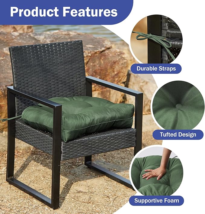 IPYNBAP Outdoor Chair Cushions Set of 4, Patio Chair Cushions with Ties, 19x19+5” Tufted Outdoor Seat Cushions, Waterproof Patio Furniture Cushions, Outdoor Dining Chair Pads, Forest Green
