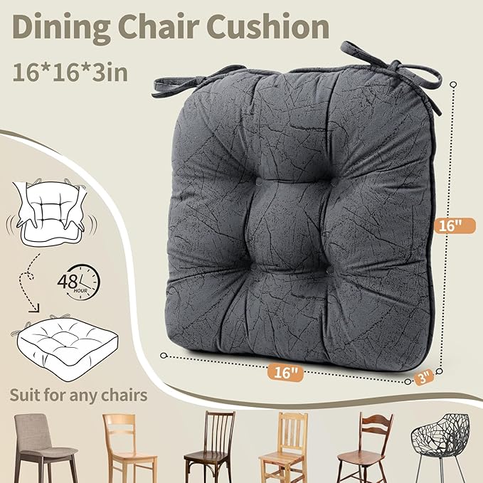 Marble Pattern 3" Chair Cushion for Dining Chair, Filling Bite-Size Memory Foam U-Shaped Seat Cushions for Kitchen Chairs, Non-Slip Indoor Chair Pad with Ties, Set of 4, Grey