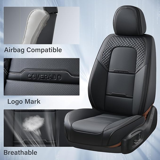 Coverado Car Seat Covers Front Seats, 2 Piece Car Seat Protector with Removable Headrest, Nappa Leather Breathable Front Seat Cushion Side All Wrapped Universal Fit Truck Automotive Most Cars Black