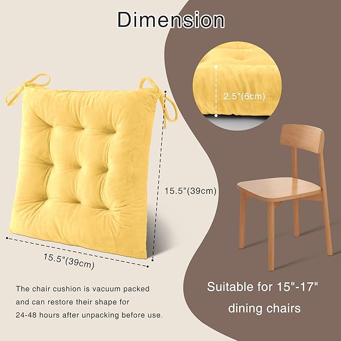 OVOV 1 Pack Chair Cushions for Dining Chairs Soft Seat Cushions for Kitchen Desk Chairs Square Chair Pads with Ties (15.5"x15.5" Pastel Yellow)