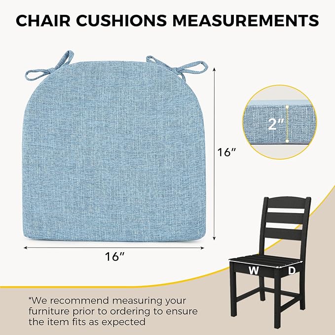 downluxe Indoor Chair Cushions for Dining Chairs, Soft and Comfortable Textured Foam Kitchen Chair Pads with Ties and Non-Slip Backing, 16" x 16" x 2", Light Blue, 6 Pack