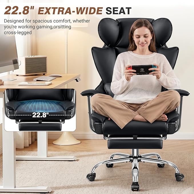 ALLGOD Big and Tall Ergonomic Office Chair with Footrest, High Back Executive Leather Office Chair, Reclining Computer Desk Chair, Comfy Heavy Duty Home Gaming Chair with Padded Arm, Black-4 Pack