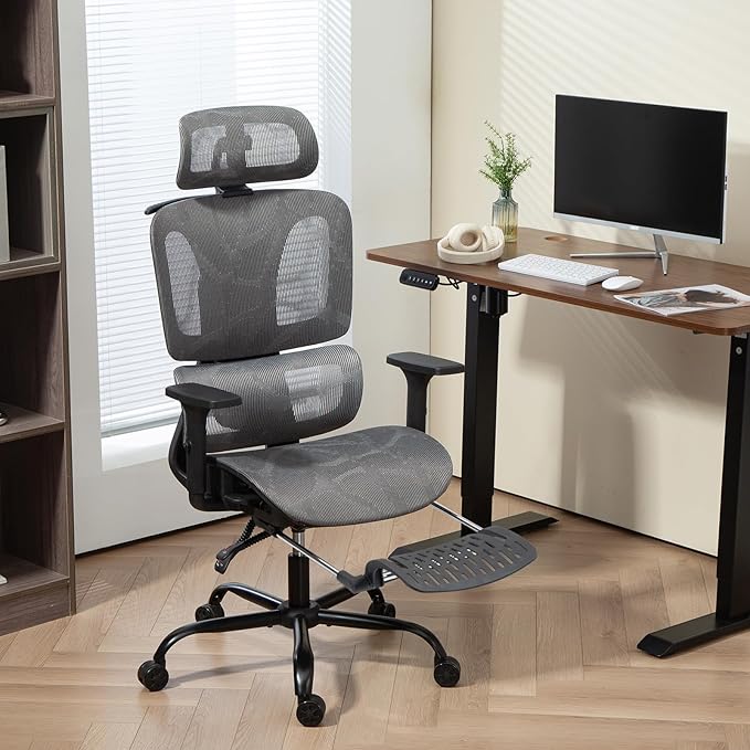 ECOTOUGE Mesh Ergonomic Office Chair with Footrest, High Back Mesh Gaming Chair with Lumbar Support, Adjustable Headrest and Armrests for Home Office Desk Chair, Grey