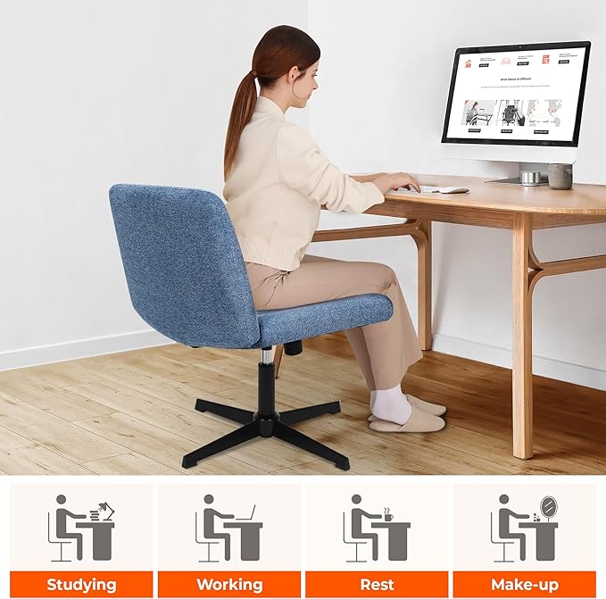 NEO CHAIR Criss Cross Chair No Wheels Armless Cross Legged Office Desk Wide Comfy Vanity Makeup Chair Adjustable Computer Task for Home Office Fabric (Blue)