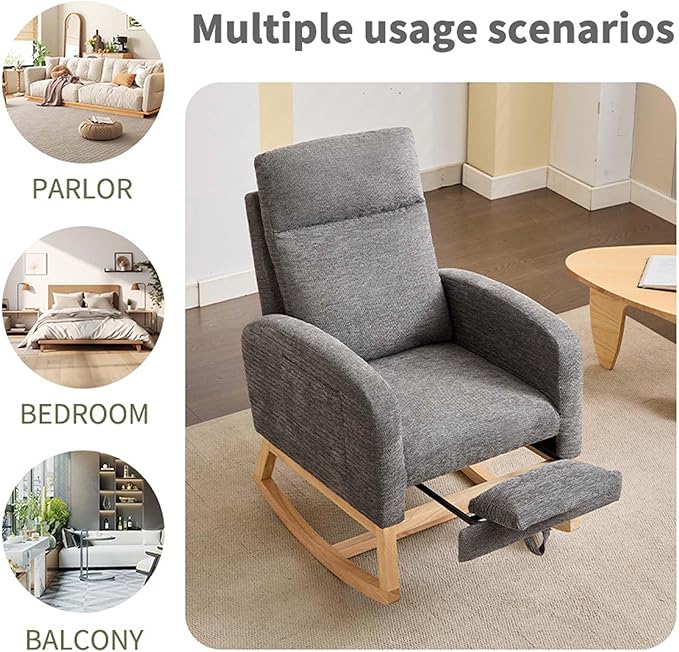 40" Fabric Nursing Rocking Chair, Nursery Chairs with Adjustable Foot Rest, High Backrest Upholstered Arm Chair with Side Pockets, Wood Rocking Chair for Living Room, Bedroom, Baby Room (Dark Gray)