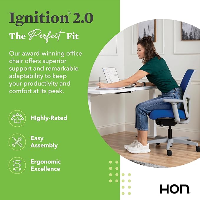 HON Ignition 2.0 Low Back Task Chair, Spectrum Mesh, Advanced Synchro-Tilt Control, Office Chair with Lumbar Support, Height and Width Adjustable Arms, Titanium Frame, Cobalt