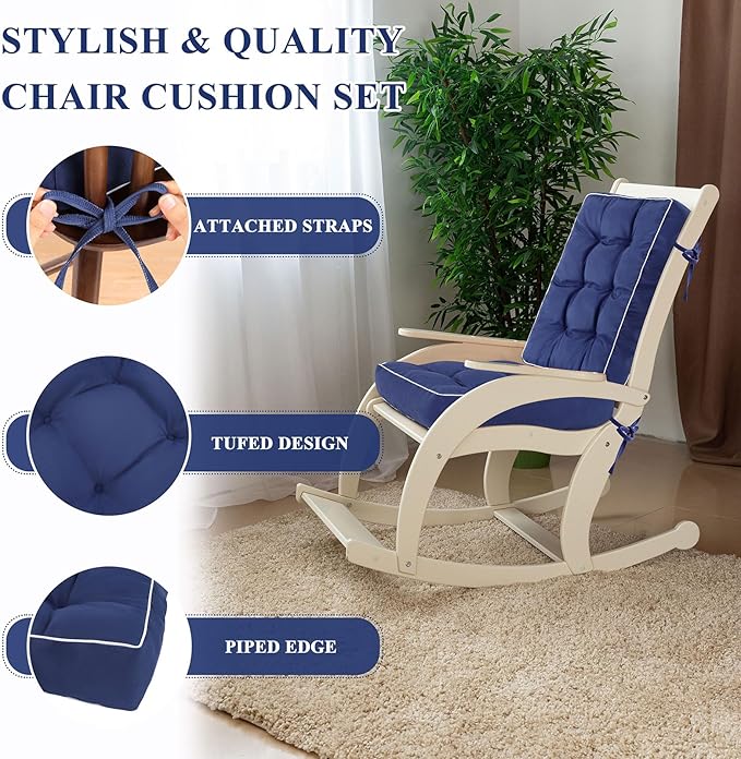 Topotdor Rocking Chair Cushions Indoor, Tufted Rocking Chair Seat Cushion for Patio Furniture, Water Resistant Rocking Chair Pads with Ties for Nursery Balcony Chair, Blue