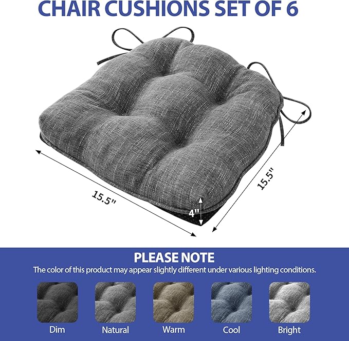 IPYNBAP Chair Cushions for Dining Chairs Set of 6, Kitchen Chair Cushions, Chair Pads with Ties and Non Slip Backing, Tufted Memory Foam Seat Cushion 6 Pack, 15.5" x 15.5" x 4", Dark Gray