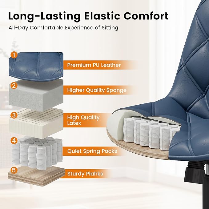 Armless Office Chair, Mid Back Modern Desk Chair with Rubber Wheels, 360 Swivel PU Leather Office Chair No Arms, Adjustable Height Small Computer Chair, Armless Desk Chair for Office, Navy Blue