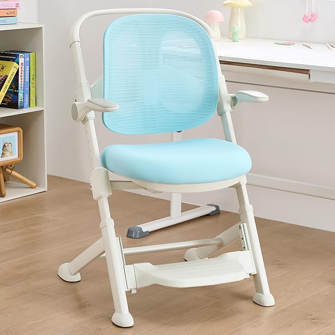 ERIYA Kids Desk Chair,Ergonomic Chair: Breathable Mesh Back, Adjustable Seat, Flip-Up Armrests, Footrest, Lumbar | Ideal for Kids, Petite Adults – Ultra-Comfy for Study/Work (Blue)