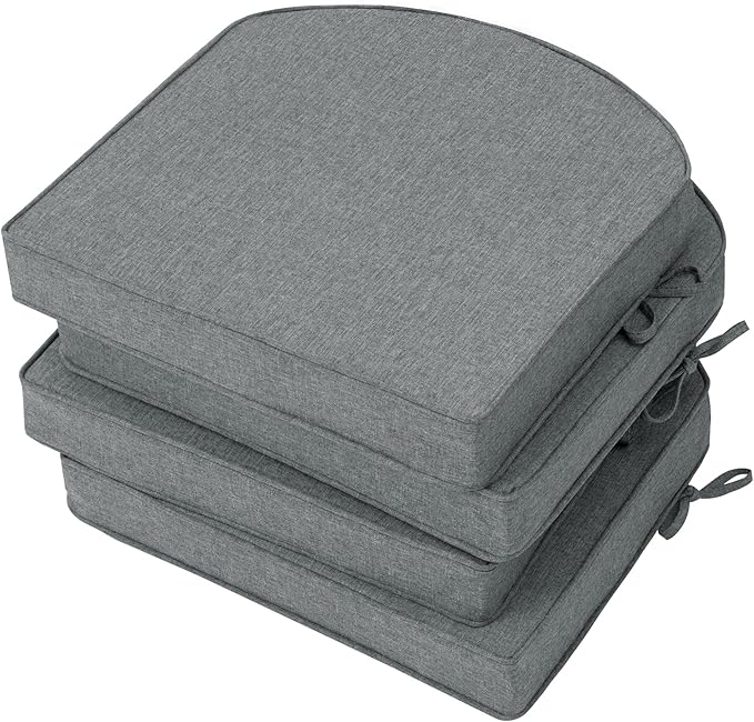Outdoor Chair Cushions, Fade-Resistant & Water-Resistant, D Shaped Patio Furniture Seat Chair Pads Replacement with Ties, Non-Slip Bottom, Removable Cover, Set of 4, 19 x 19 Inch, Dark Grey