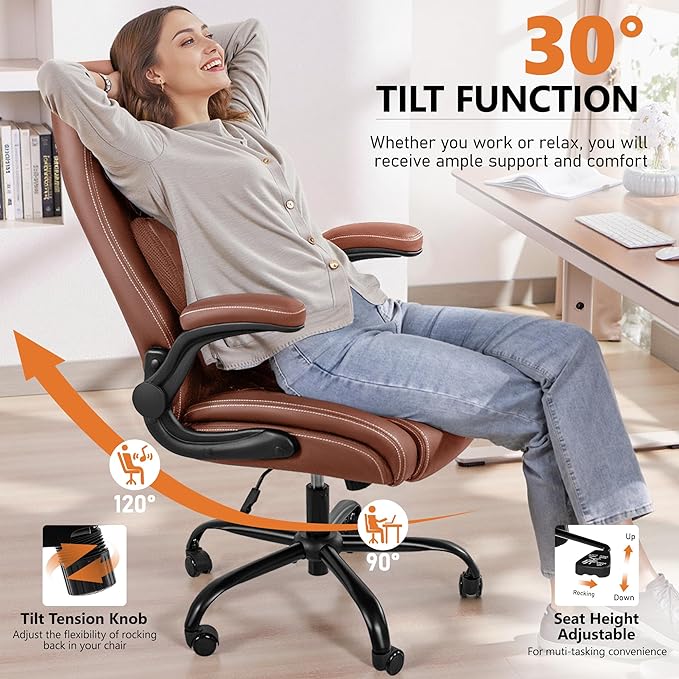 BESTFAIR Office Chair, Ergonomic Computer Desk Chairs with Lumbar Support for Lower Back Pain Relief, Executive Leather Home Chair Comfy with Padded Flip-up Armrests, Brown, 2-Pack