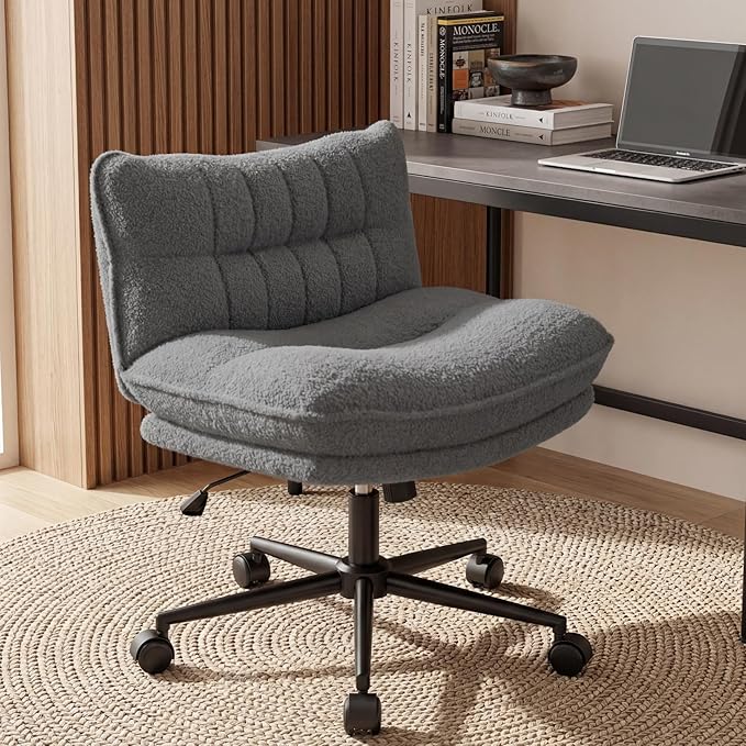 DurayLoly Criss Cross Chair with Wheels, Thick & Wide Cross Legged Office Chair with 95-120°Reclining Function, Armless Adjustable Swivel Task Chair for Bedroom, Home Office,Grey