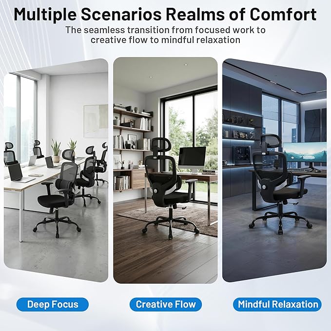 Ergonomic Office Desk Chair, High Back Breathable Mesh Computer Chair, 3D Lumbar Support, 2D Headrest & 3D Armrests, 300lbs Heavy Duty Task Chair for Home Office Work Gaming, Black