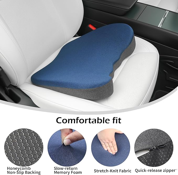 Car Seat Cushion for Driving, Ergonomic Memory Foam Car Seat Pad for Sciatica Pain Relief, Car Seat Cushion Pad for Driving Seat Office Chair, Blue