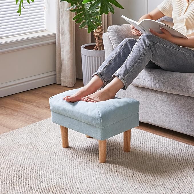 YMYNY 15.75" Small Footstool Ottoman, Footrest with Sponge Padded Seat, Step Stool for Sofa, Bedroom, Living Room, Entryway, Modern Change Shoes Stool, Wood Legs, Light Blue UHBD023BL