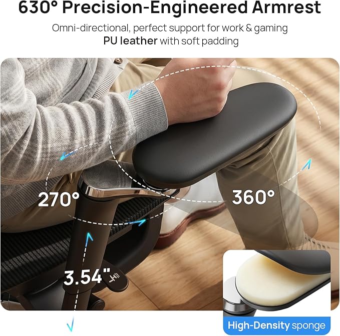 Ergonomic Office Chair with Lumbar Support - Over 10 Hours Sitting Comfortable, Mesh Big and Tall Home Computer Desk Chairs, 4D Headrest, 2-Gear Footrest, 630° Armrst, Seat Depth Adjustable