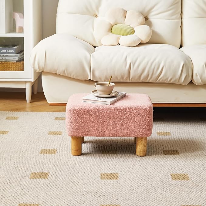 YMYNY Ottoman, Modern Footrest with Soft Padded Seat, Foot Stool with Wood Legs, Small Square Pouf Under Desk for Living Room Bedroom Office 15.74" D×11.41" W×9.84" H Pink UHBD030P