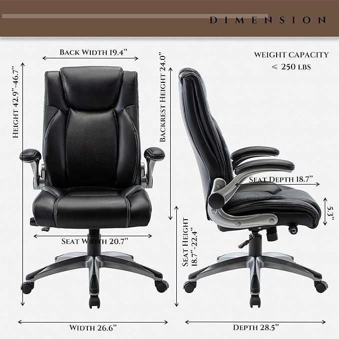 COLAMY Ergonomic Home Office Chair-Adjustable Lumbar Support for Extra Comfort, High Back Design with Padded Flip-up Arms for Adult Working, Study, Gaming (Black), 250lbs