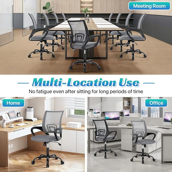 Ergonomic Office Chair Mesh Mid Back with Lumbar Support Armrest, Adjustable Home Desk Chair Comfy Computer Task Drafting Rolling Swivel Chairs for Gaming, Home Work, Study, Grey