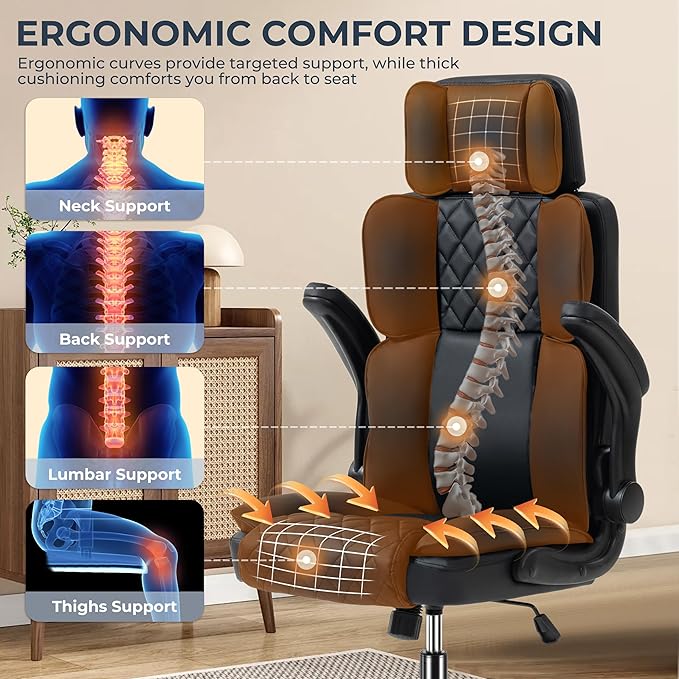 Office Chair with Adjustable Headrest - Executive Leather Desk Chair for Home Office, with Flip-Up Arms & Ergonomic Lumbar Support, Perfect for Work and Study, Black