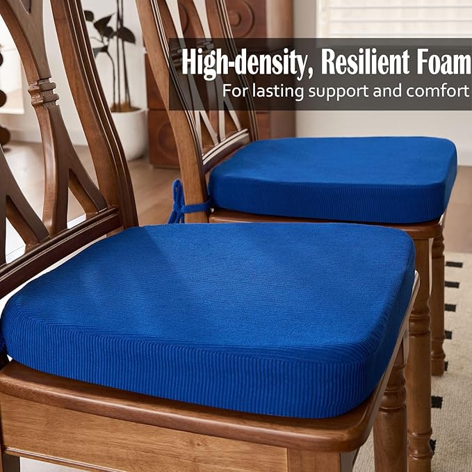 2'' Thick High-Density Foam Indoor Chair Cushions | Dining Chair Pads with Ties, Removable Washable Cover, Kitchen Chair Cushions 17"x16", Sapphire Blue 2 Pack
