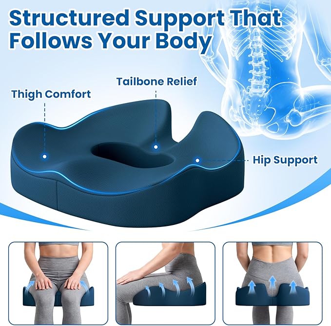 SweetSlubr Large Donut Pillow Seat Cushion for Hemorrhoid Discomfort&Tailbone Pressure, Office Chair Cushion for Long Sitting, Ergonomic Coccyx Pillow for Postpartum Pregnancy, Blue, X-Large