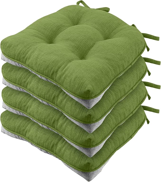 Wellsin Chair Cushions for Dining Chairs, Non-Slip Kitchen Chair Pads with Ties, Tufted Shredded Foam Kitchen Chair Cushions Set of 4, 15.5" X 15.5", Grass Green
