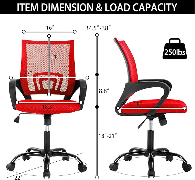 Mid-Back Ergonomic Office Chair - Supportive Mesh Computer Chair with Armrest, Adjustable Height, Swivel & Lumbar Support, Metal Base, Red