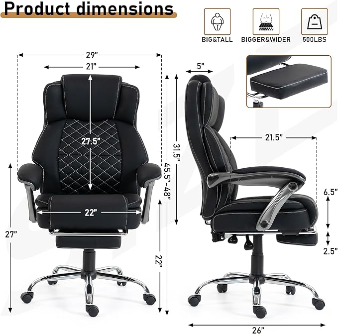 DYHOME 500 lbs Office Chair with Foot Rest, Ergonomic Reclining Big and Tall Office Desk Chair with Lumbar Support & Pocket Spring Cushion, High Back Computer Chair, PU, Thicker Seat Cushion (Black)