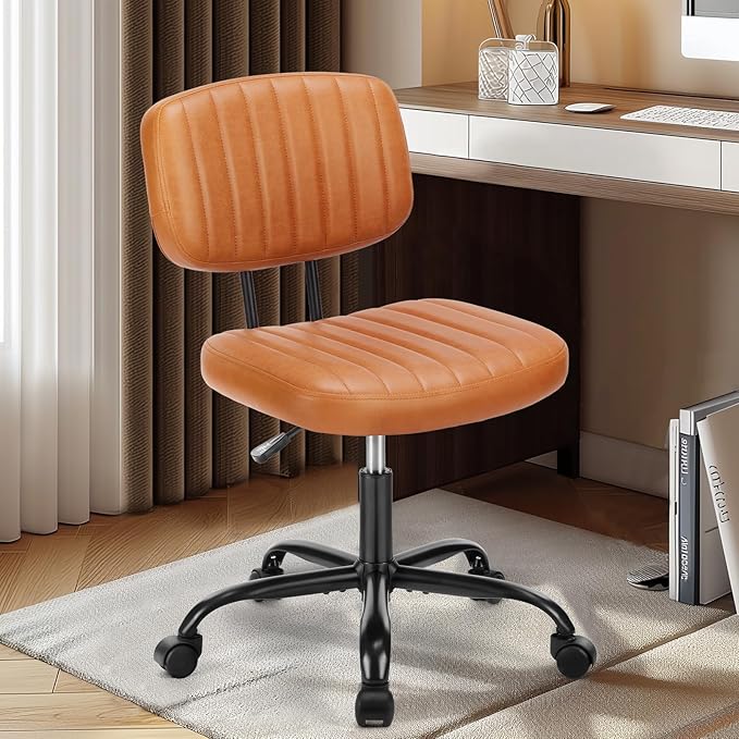 DUMOS Armless Small Home Office Desk Chair - Vanity Task Chair with Low Back, Height Adjustable PU Leather Swivel Computer Chair with 360° Rolling Wheels, Vanity, Bedroom, Deep Brown