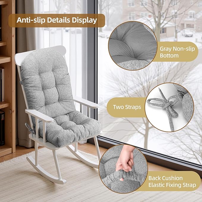Rocking Chair Cushion - Lola Cotton-Linen Fabric, High-Density Sponge, Durable Comfort Non-Slip Bottom Tufted Seat Pads with Ties, Lola︱Ash Gray, 44x19x4 inch