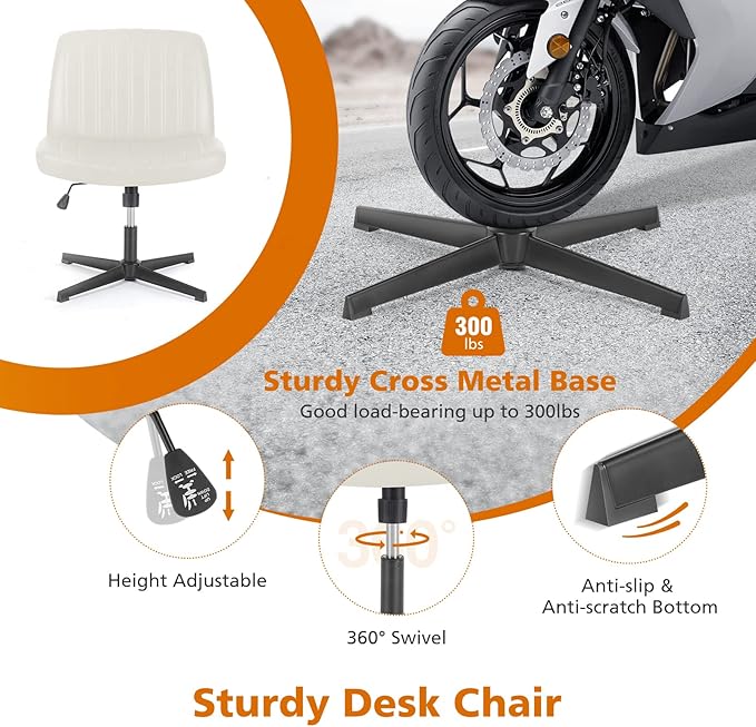 Sweetcrispy Criss Cross Chair Legged, PU Leather Armless Office Swivel Desk Chairs No Wheels, Vanity Height Adjustable Wide Seat Faux Leather Computer Task Chair for Home Bedroom, PU-Beige