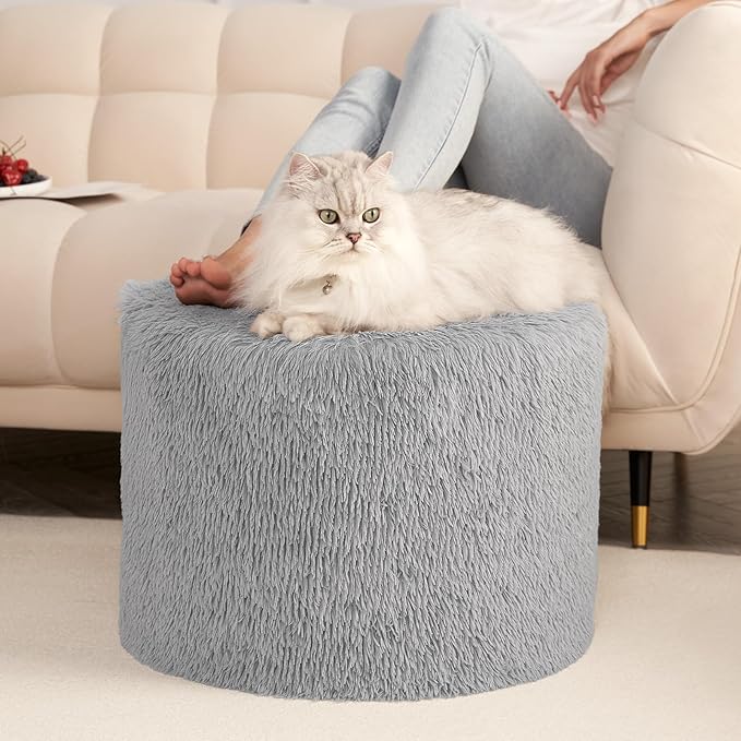 Hansleep Round Stuffed Pouf Ottoman 17 x 14, Foam Filled Faux Fur Ottoman Foot Rest for Chair with Washable Cover, Foot Stools Under Desk for Living Room & Bedroom, Grey