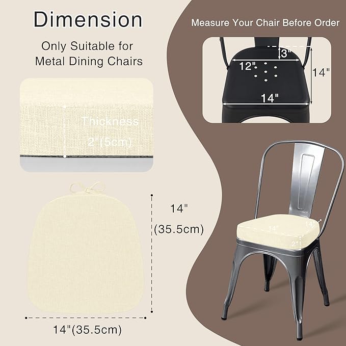 OVOV 14x14 Chair Cushions for Metal Dining Chairs Set of 4 Non Slip Thick Textured Chair Pads for Dining Chairs with Ties and Removable Cover (4, Ivory)