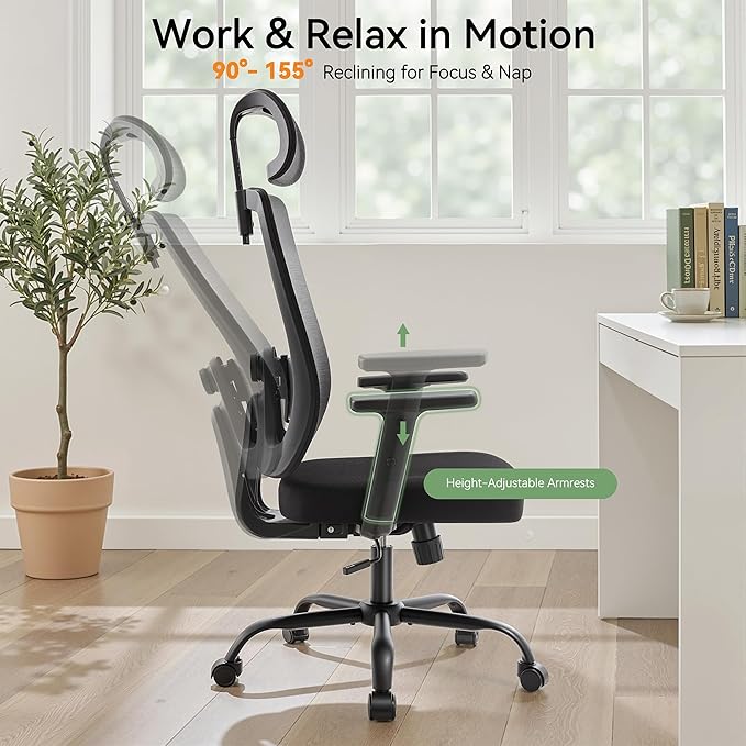 Ergonomic Office Chair Mesh High Back, Office Desk Chair with Adjustable Lumbar Support, Rolling Work Chairs with Wheels and 3D Headrest, Black