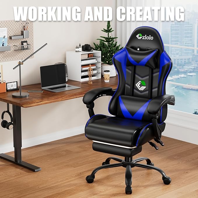 Czlolo Gaming Chair with Footrest Racing Style Lumbar Support Massager Video Game Chair with Metal Legs, High Back Reclining Gamer Chair with Headrest, 360° Swivel Office Computer Desk Chair (Blue)