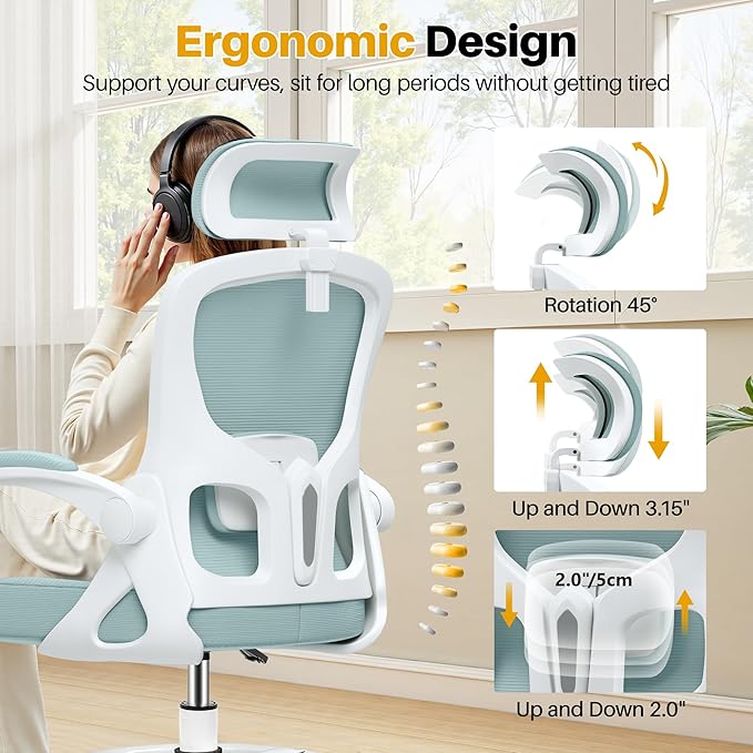 Drafting Chair, Tall Office Chair for Standing Desk, Ergonomic High Back with Headrest, Lumbar Support, Foot Ring and Flip-up Armrests, Light Blue