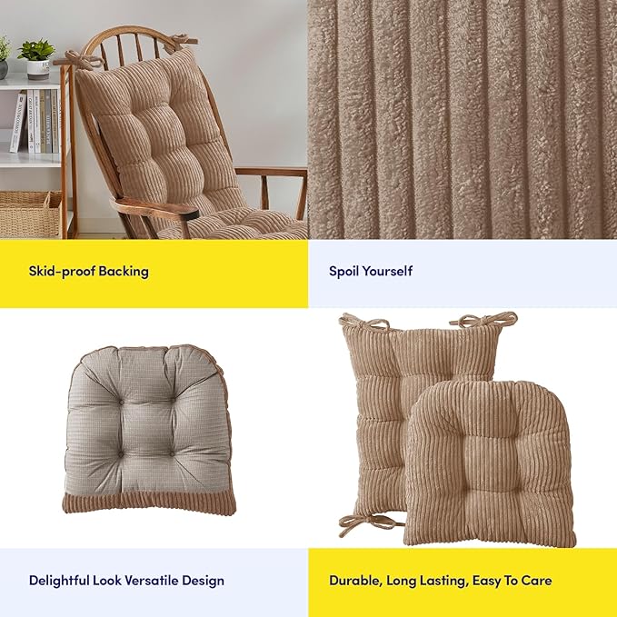 Rocking Chair Cushion Premium Tufted Pads Non Skid Slip Backed Crushed Velvet Cover Set of Upper and Lower with Ties, 21 in x 17 in | 17 in x 17 in, Velvet Taupe