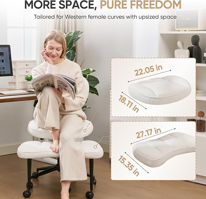 Criss Cross Office Chair with Wheels, Adjustable-Height Backrest & Swivel Footrest, Ergonomic Cross Legged Office Chair with Leg Rest for Kneeling Meditation Yoga ADHD (Beige Teddy Fleece)
