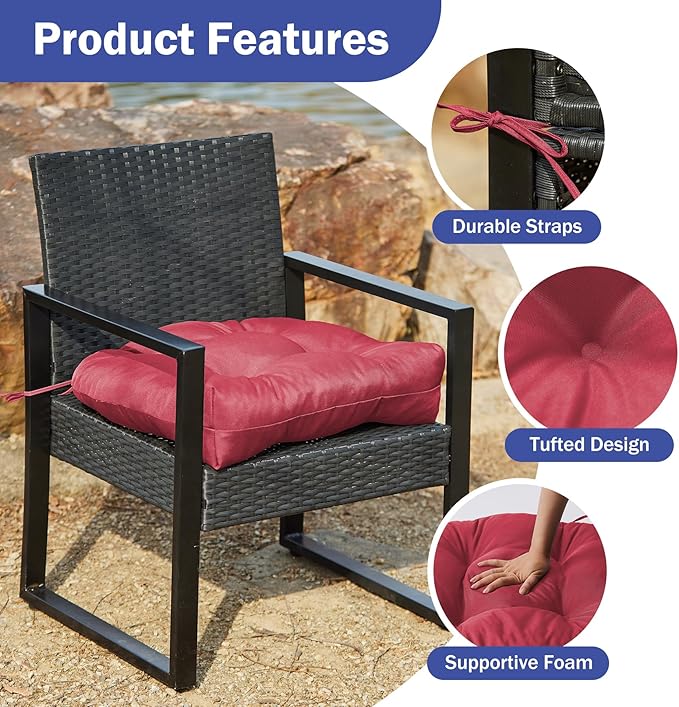 IPYNBAP Outdoor Chair Cushions Set of 4, Patio Chair Cushions with Ties, 19x19+5” Tufted Outdoor Seat Cushions, Waterproof Patio Furniture Cushions, Outdoor Dining Chair Pads, Burgundy