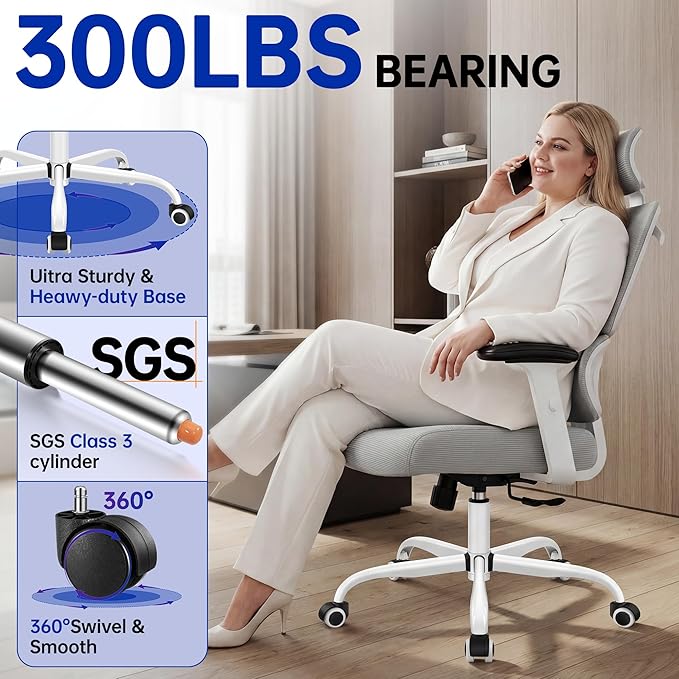 Ergonomic Office Chair, High Back Mesh Computer Chair with Comfortable Adaptive Lumbar Support, Built-in Coat Hanger, SGS Class 4 Gas Lift, Heavy Duty 300lbs for Long Hours Home Office