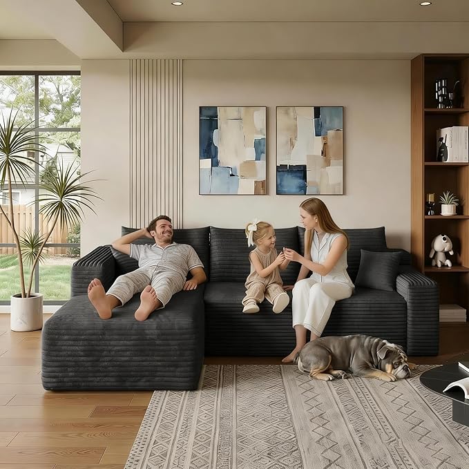 94" Black Boneless Couch with Left Facing Chaise for Living Room,Corduroy L-Shaped Sectional Couches,Compressed Memory Foam Cloud Sofa,No Assembly Required,Black