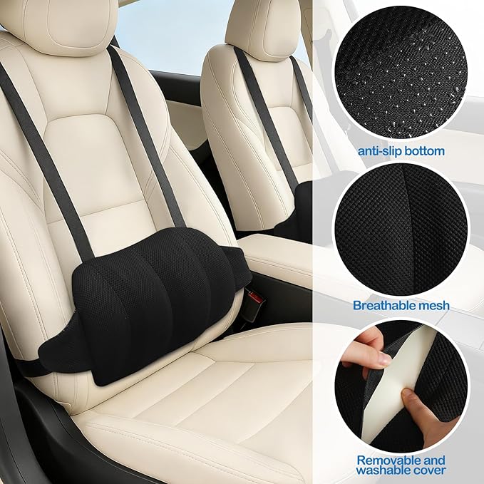 AceOrbit 2 Pcs Lumbar Support Pillow for Car Memory Foam for Low Back Pain Relief Adjustable Straps Back Support Pillow for Driving, Office Chair, Wheelchair,SUV, Truck, RV