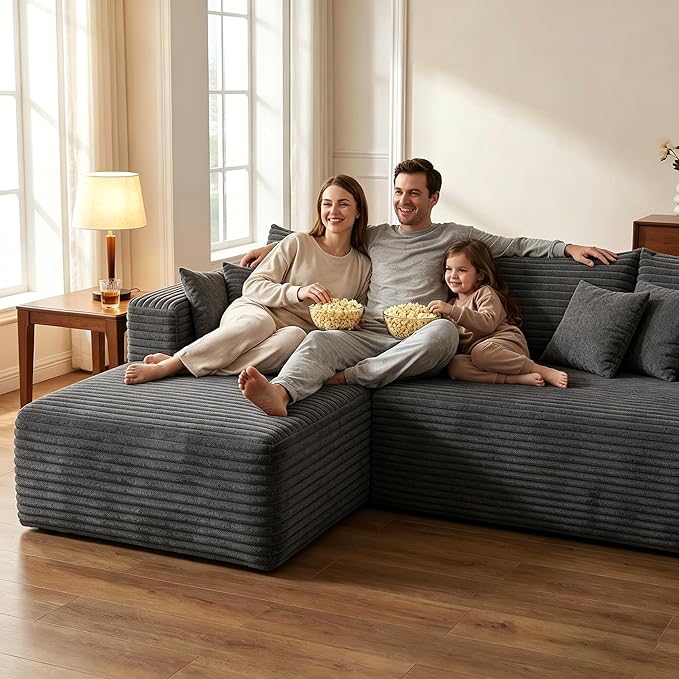 94" Darkgrey Boneless Couch with Left Facing Chaise for Living Room,Corduroy L-Shaped Sectional Couches,Compressed Memory Foam Cloud Sofa,No Assembly Required,Darkgrey