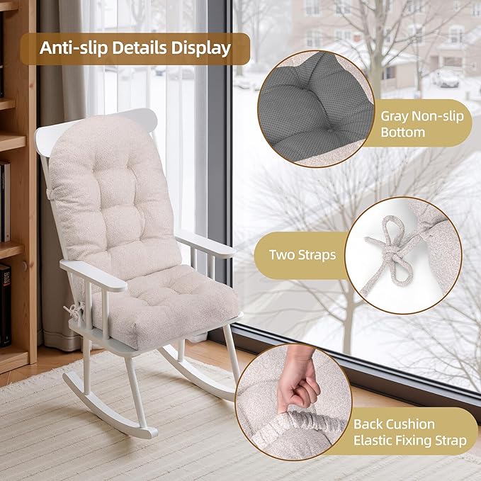 Rocking Chair Cushion - Lola Cotton-Linen Fabric, High-Density Sponge, Durable Comfort Non-Slip Bottom Tufted Seat Pads with Ties, Lola︱Ivory, 44x19x4 inch
