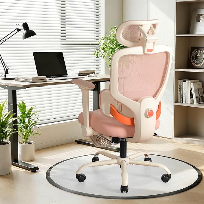 Ergonomic Office Chair with 4D Flip-Up Arms & Footrest, Mesh Desk Gaming Chair with 3D Headrest & 2D Floating Wing Lumbar Support, High Back Computer Chair for Home Office Vanity, Pink